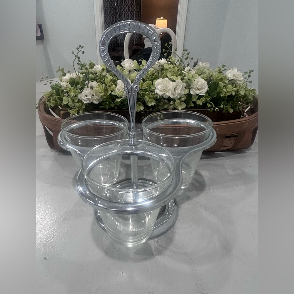 Clear Glass Triple Condiment Server with Silver-Tone Handle